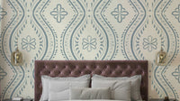 Faded Ogee Damask wallpaper in Arona blue-grey

