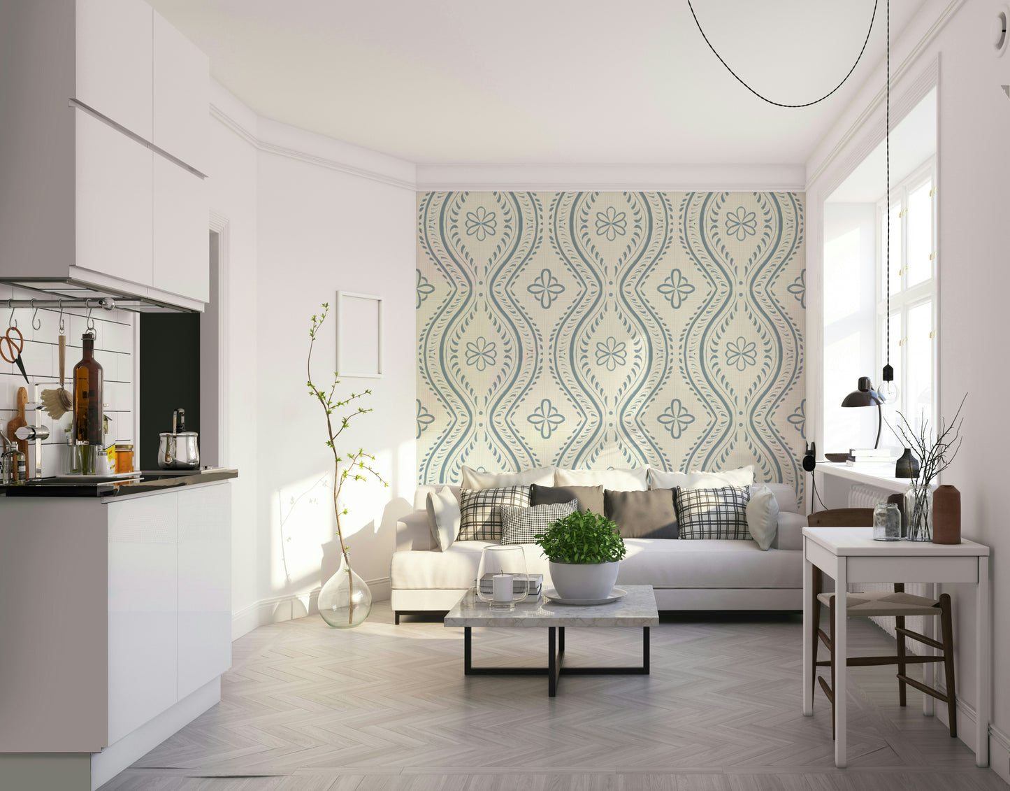 Living room styled with Bright Arona wallpaper


