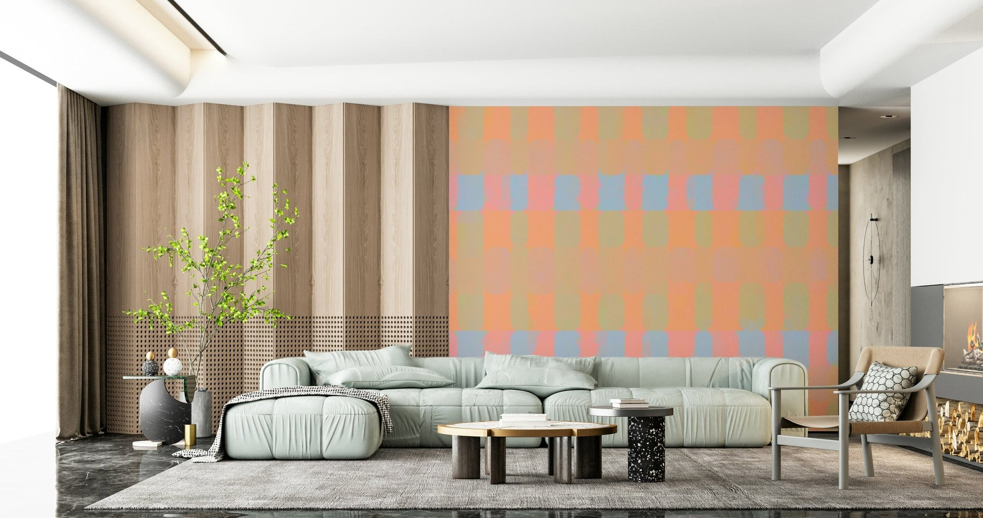 Playful abstract shapes wall mural in warm tones