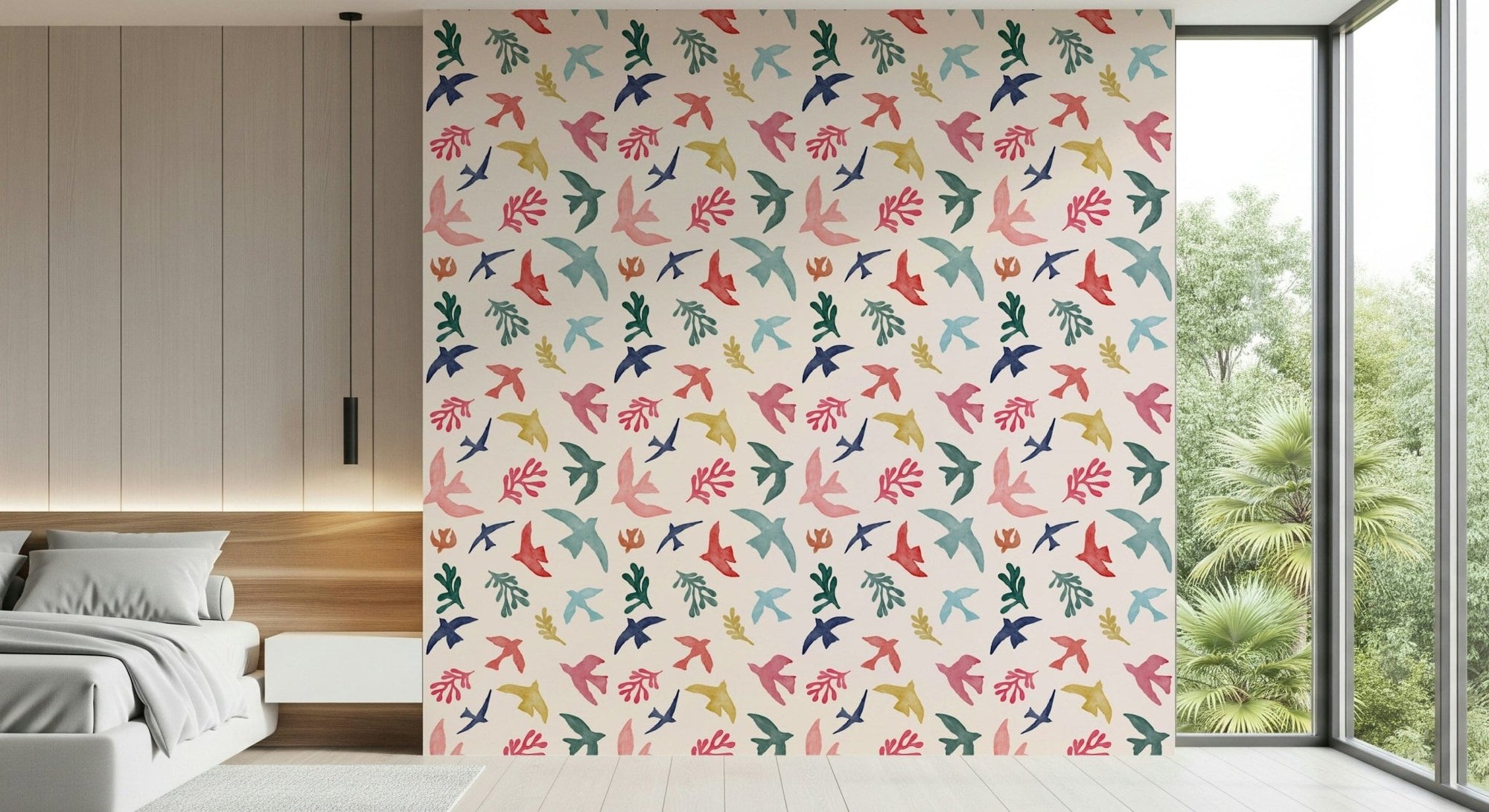 Bright Freedom Birds wallpaper of colorful flying birds behind a low white bed in a bedroom
