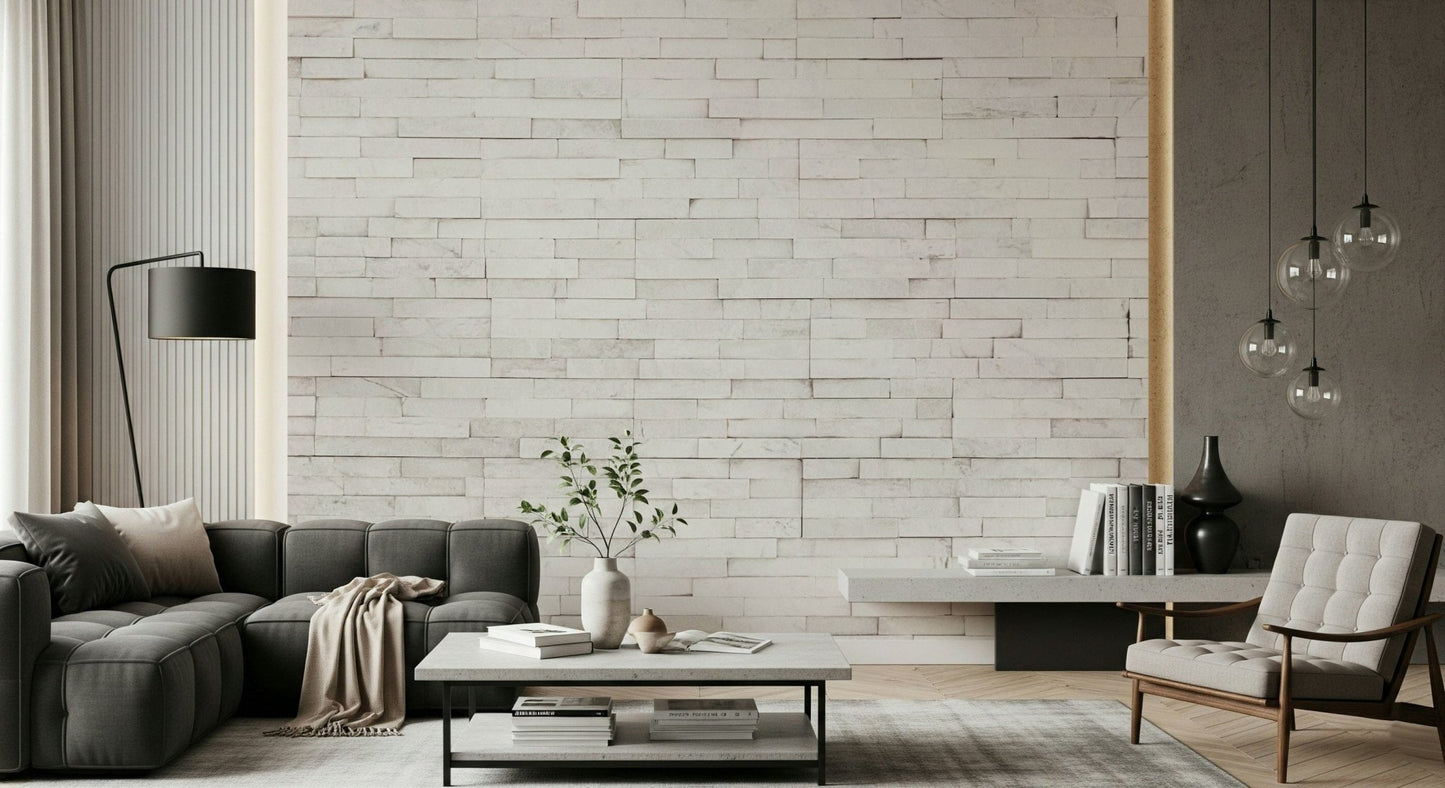 Textured wall mural with bright stone blocks creating a clean, modern, and rustic accent wall.