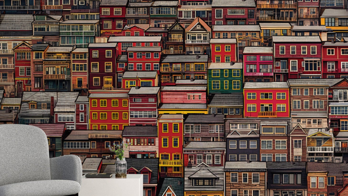 Vibrant urban neighborhood with colorful stacked houses.