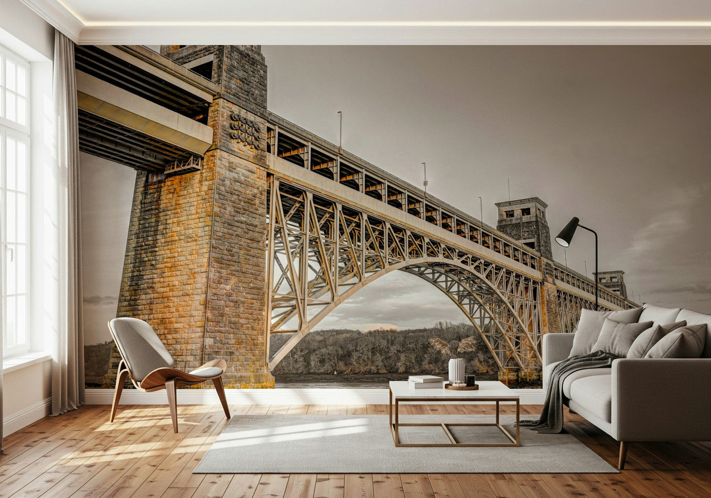 Majestic bridge wallpaper for walls with overcast sky backdrop.