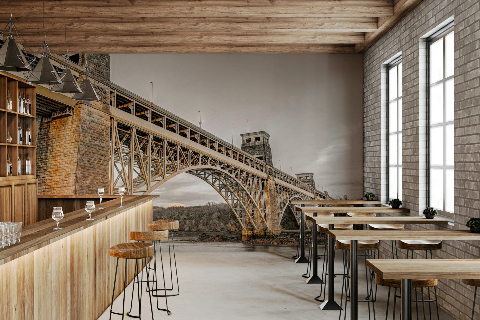 Britannia Bridge peel and stick wallpaper captures iconic landmark.