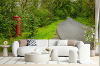 Roadside wall covering: rural path leading into woods, red box visible. British Charm art.