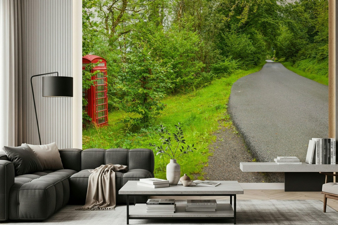 Quaint wall mural showing a vintage call box beside a scenic country lane. British Charm.