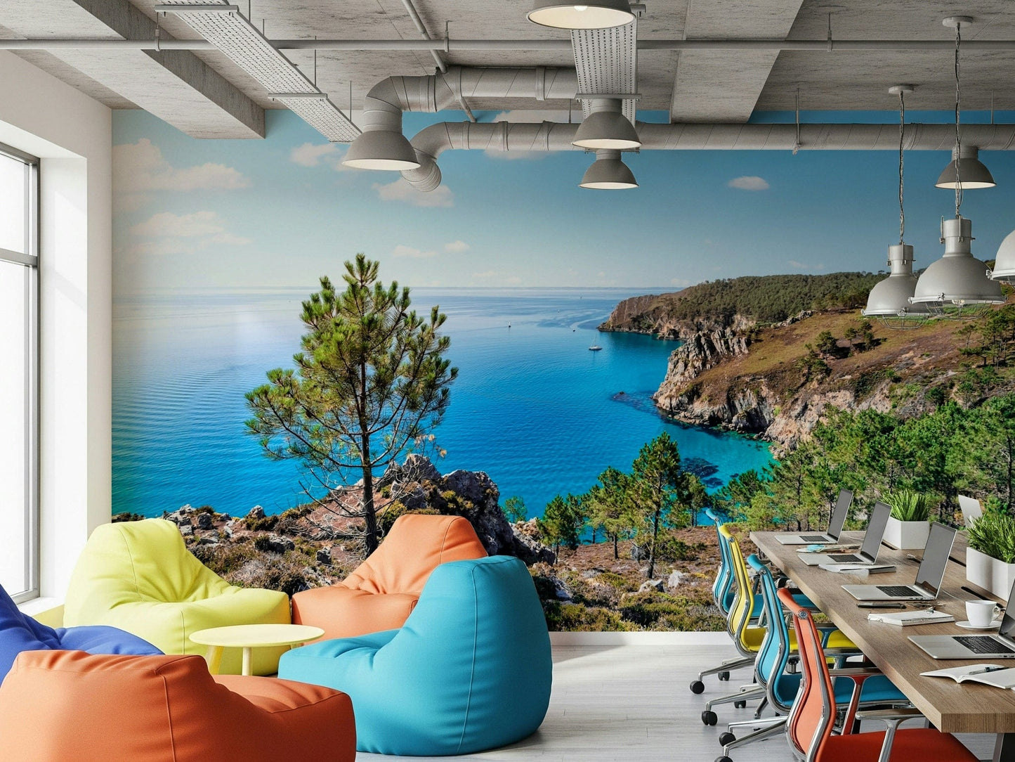 Wide ocean wallpaper scene on Brittany Vista Wall Mural with green color cliffs
