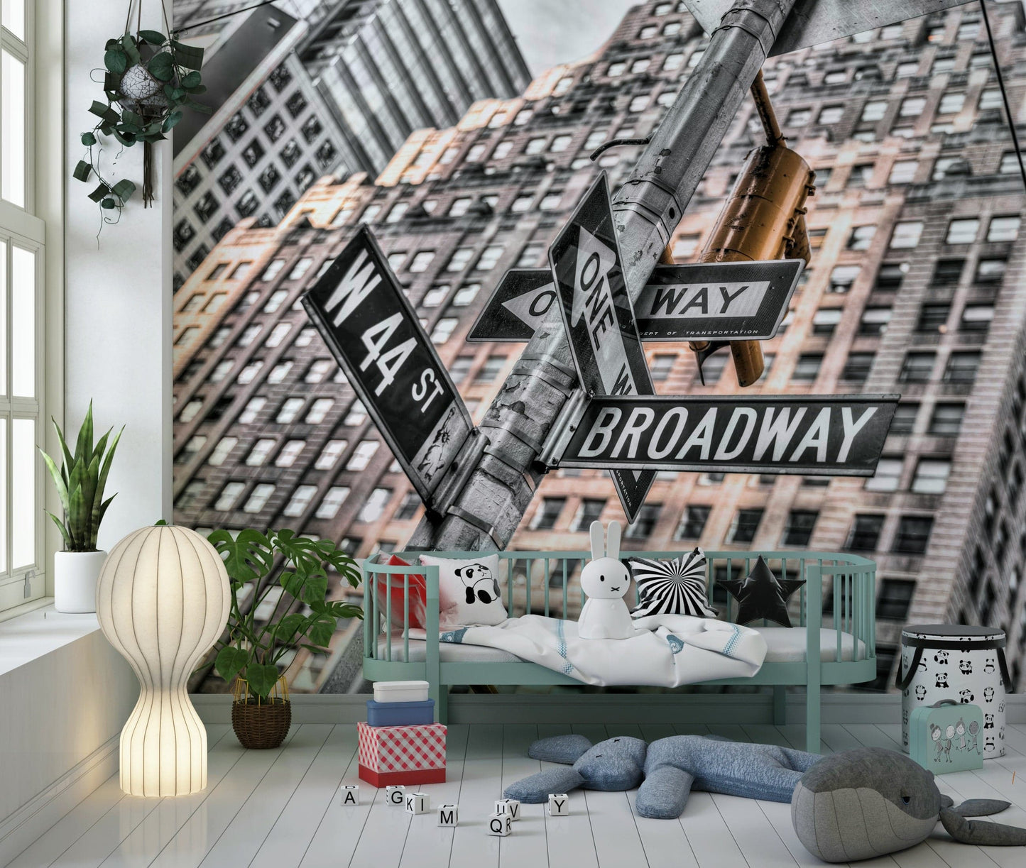 Manhattan Crossroads wall mural showing W 44 St and Broadway signs.
