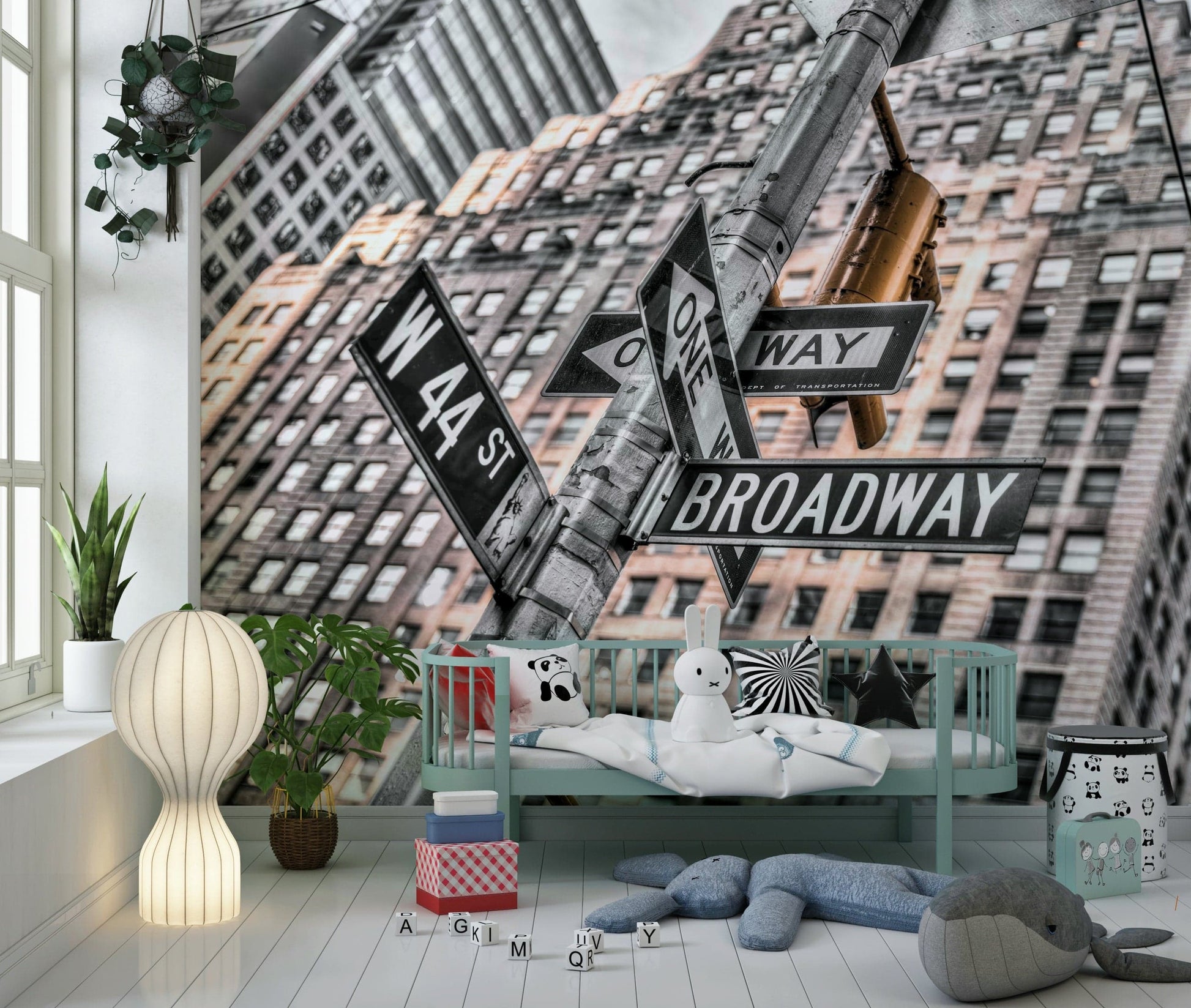Manhattan Crossroads wall mural showing W 44 St and Broadway signs.