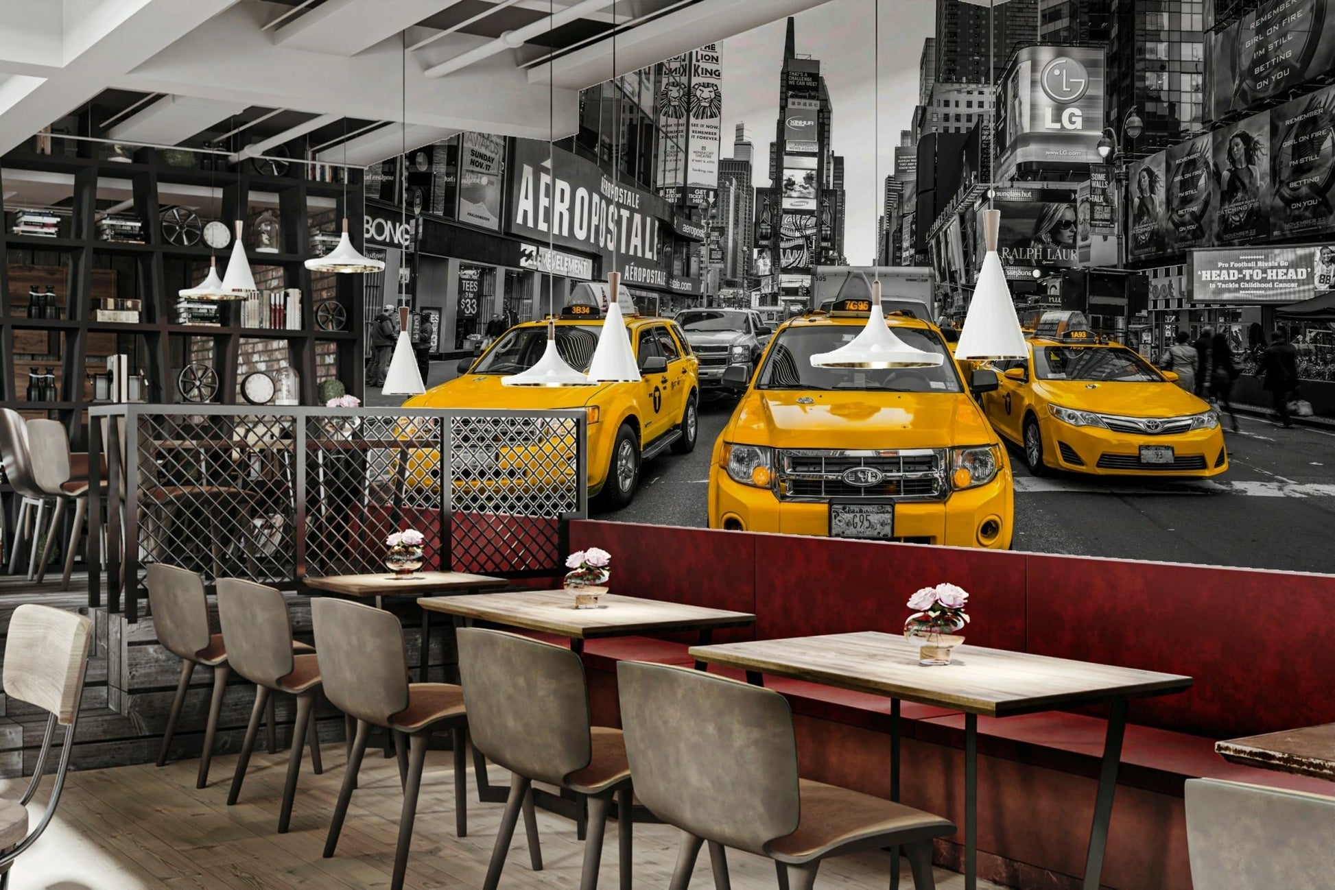 Black-and-white cityscape with vibrant yellow taxis

