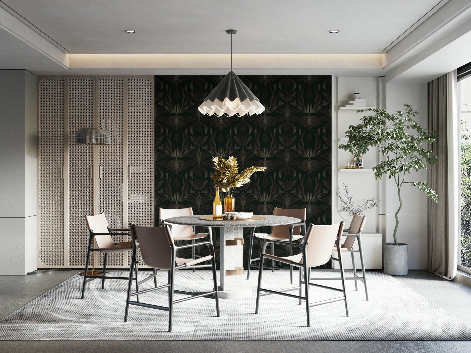Elegant bronze floral wallpaper adding a touch of glamour to bedrooms or living rooms.