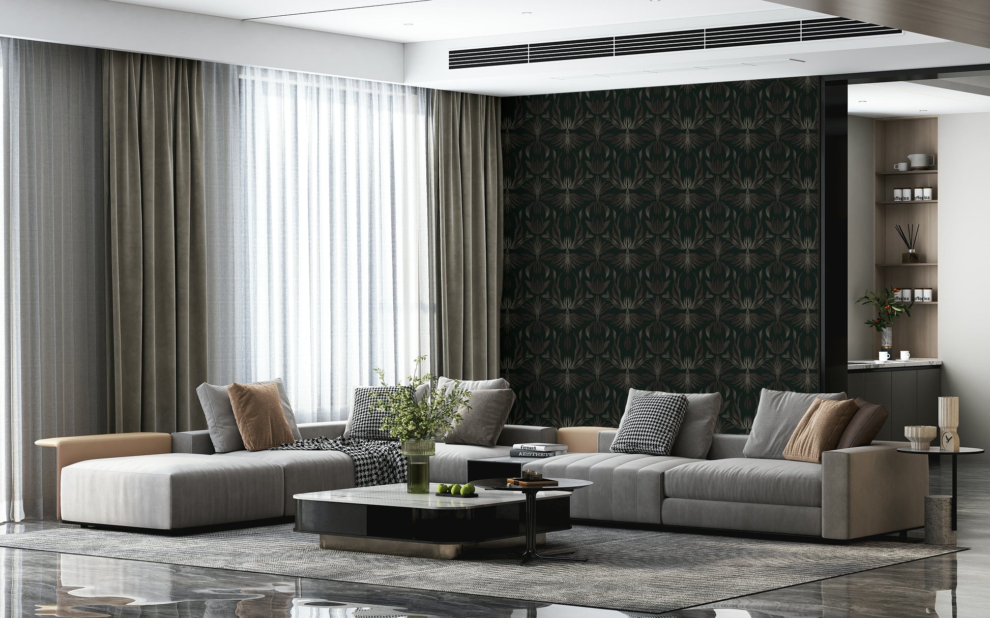 Bronze floral wallpaper featuring detailed, whimsical patterns for home decor.