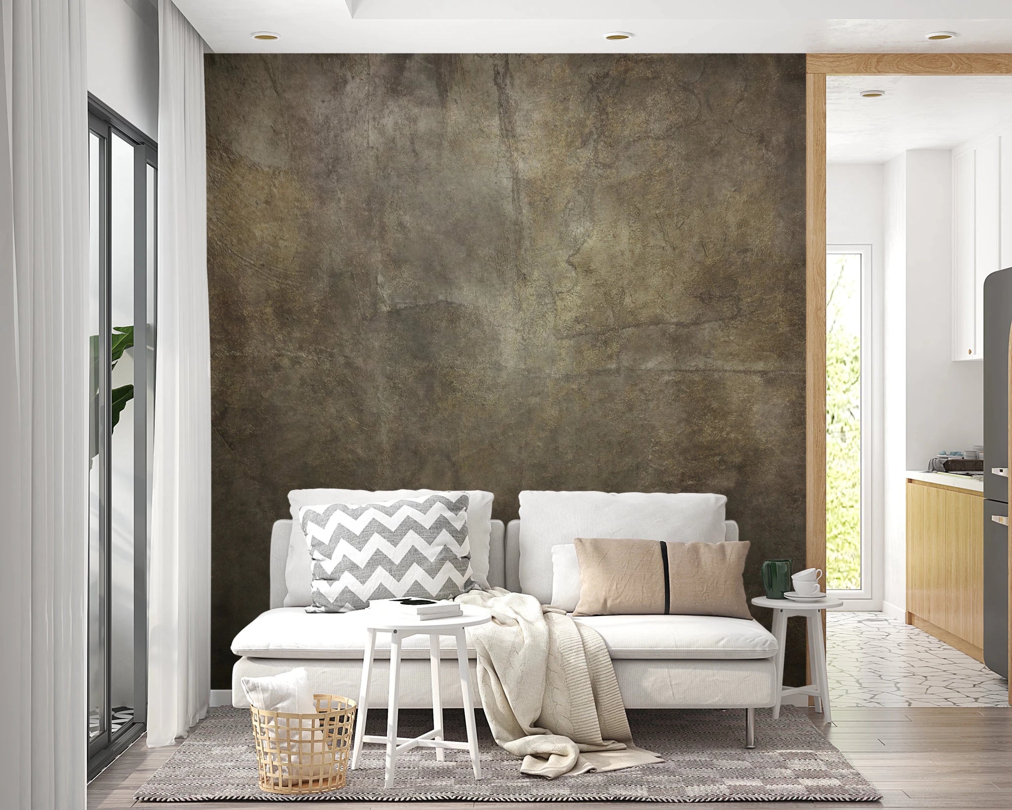Bronze Paper Collage wallpaper mural in weathered olive-brown behind a white sofa in a bright living room