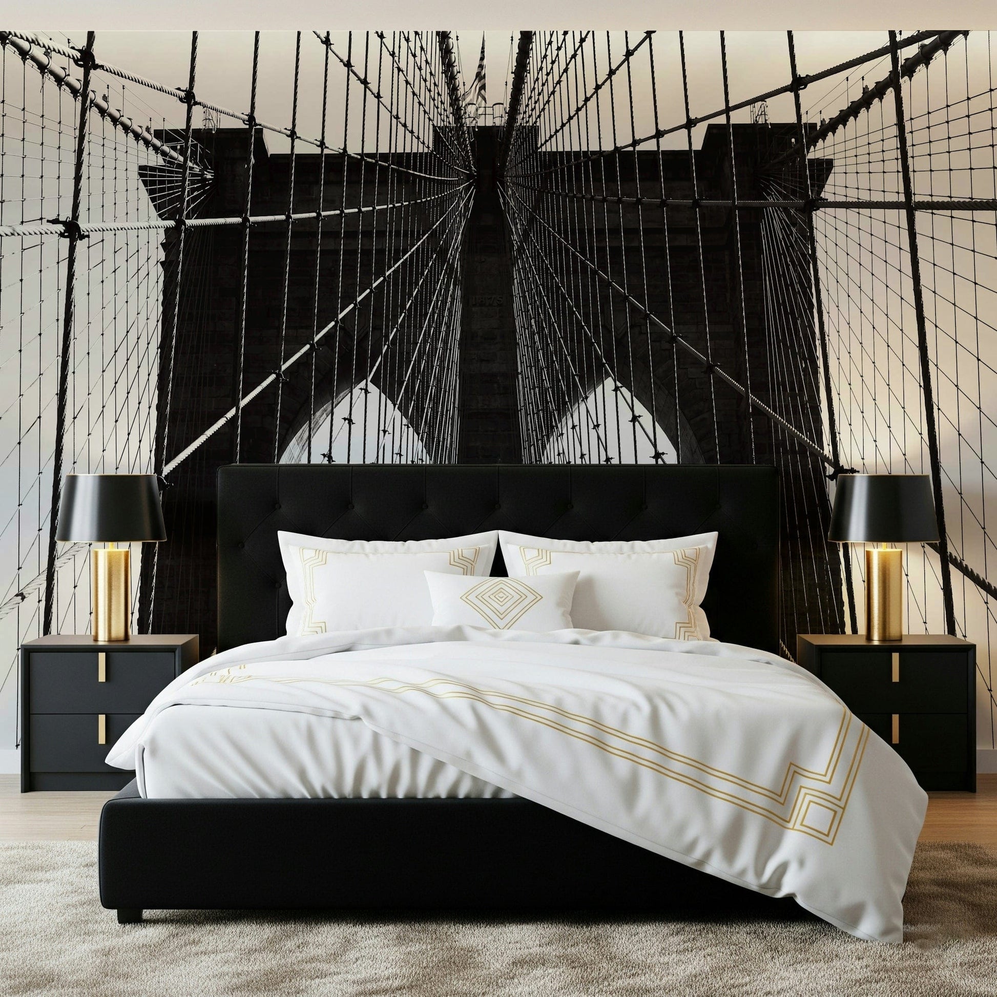 Industrial bridge cable mural in dining space, modern furniture, neutral colours, accent wall