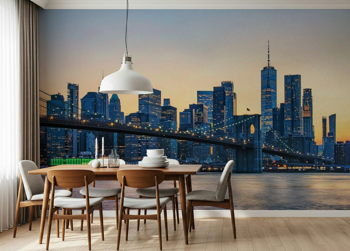 Brooklyn Bridge Dusk wallpaper mural skyscrapers reflecting water