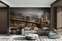 Dramatic city mural featuring Brooklyn Bridge nocturne

