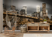 Monochrome night mural with hints of golden city lights

