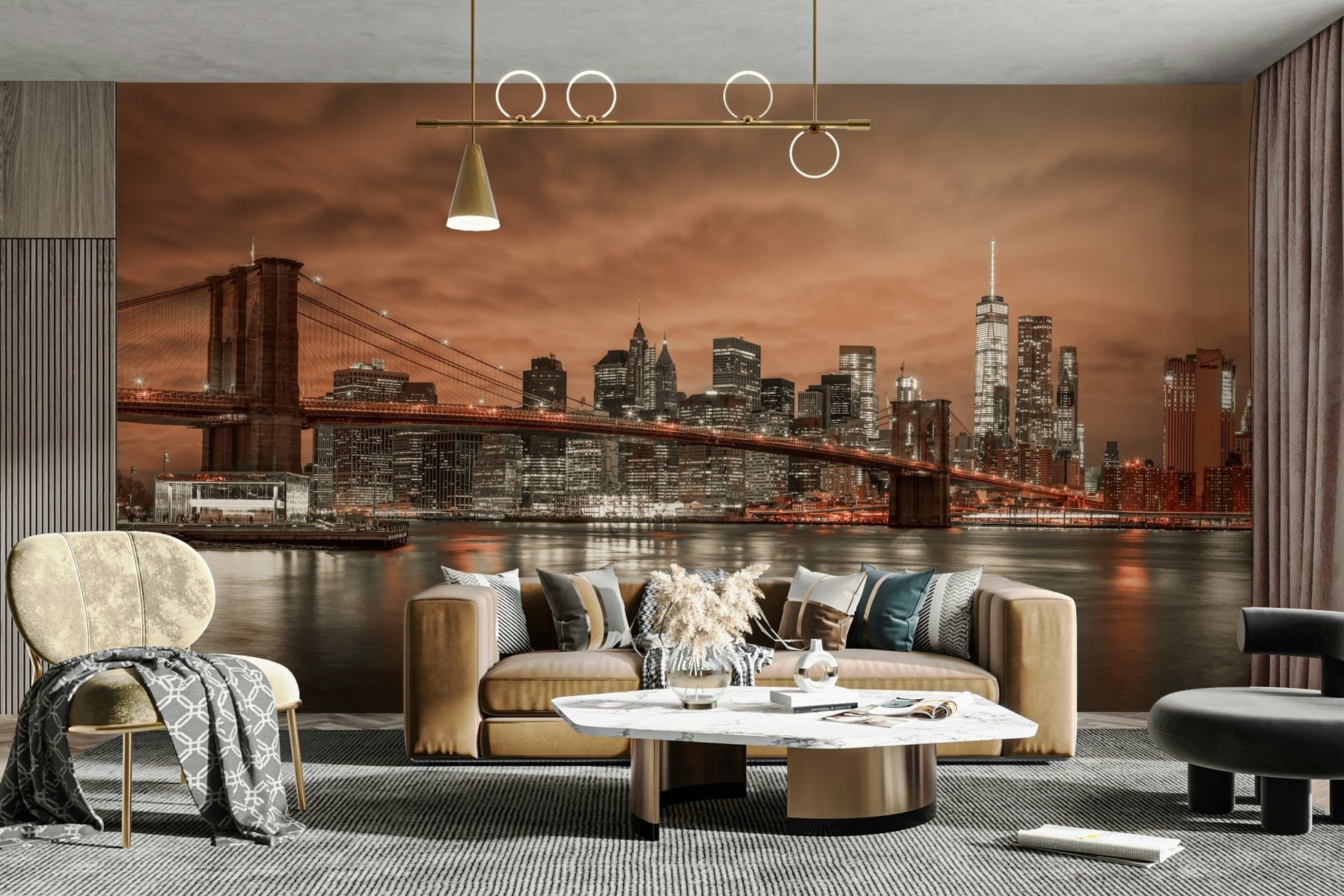 Bridge lights glowing in twilight mural
