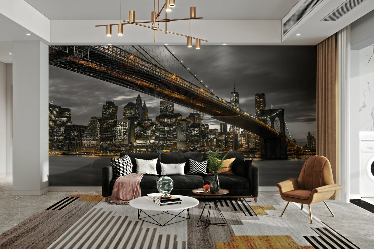 Brooklyn Bridge wall mural with NYC skyline at night

