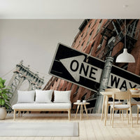 Wall mural with Brooklyn cityscape, street signs, and urban textures for modern interiors.