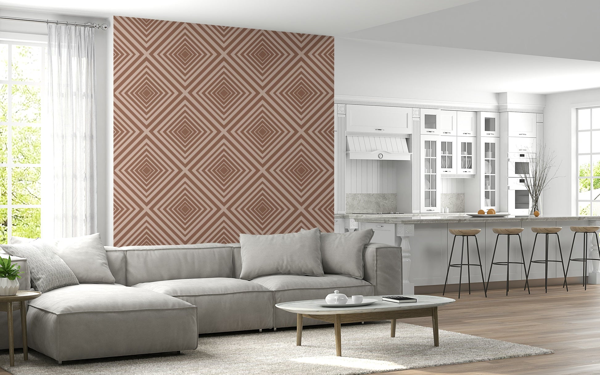 Intersecting Chic mural, stylish abstract V-pattern, soft earth tone.