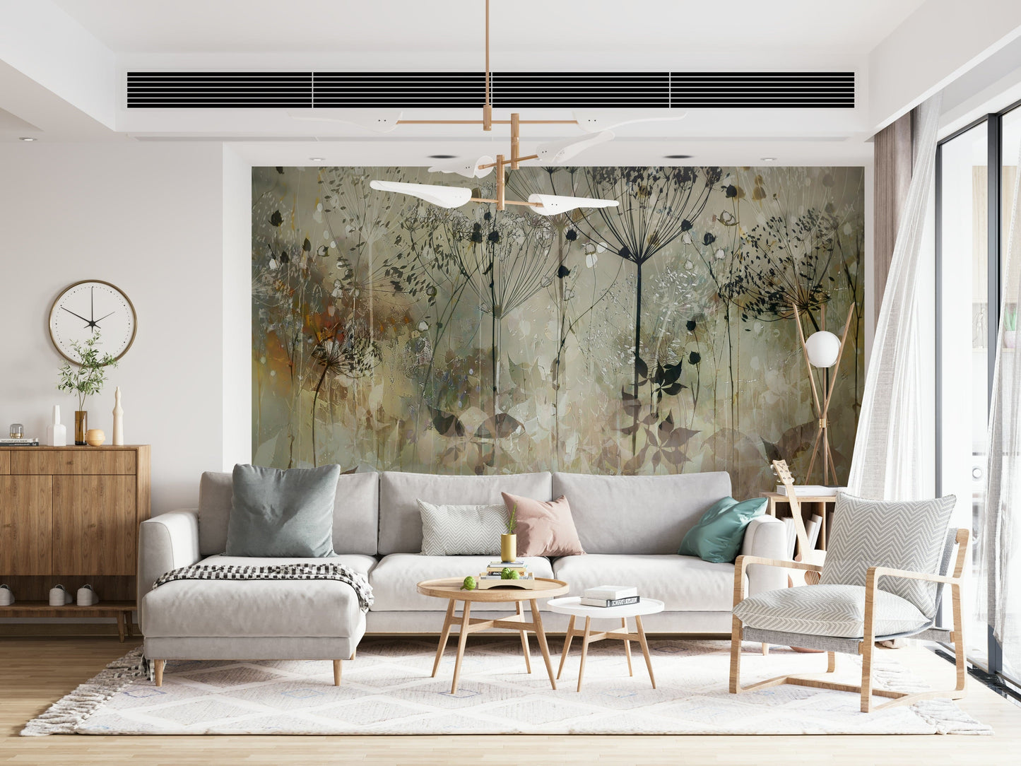 A beautiful modern art wall mural of delicate flowers.


