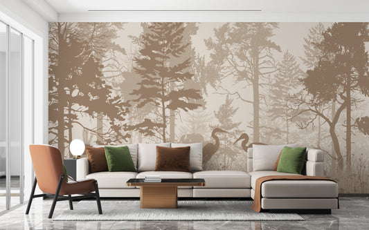 Brown Forest with Herons in the woods wallpaper mural shown as a full feature wall that highlights the design