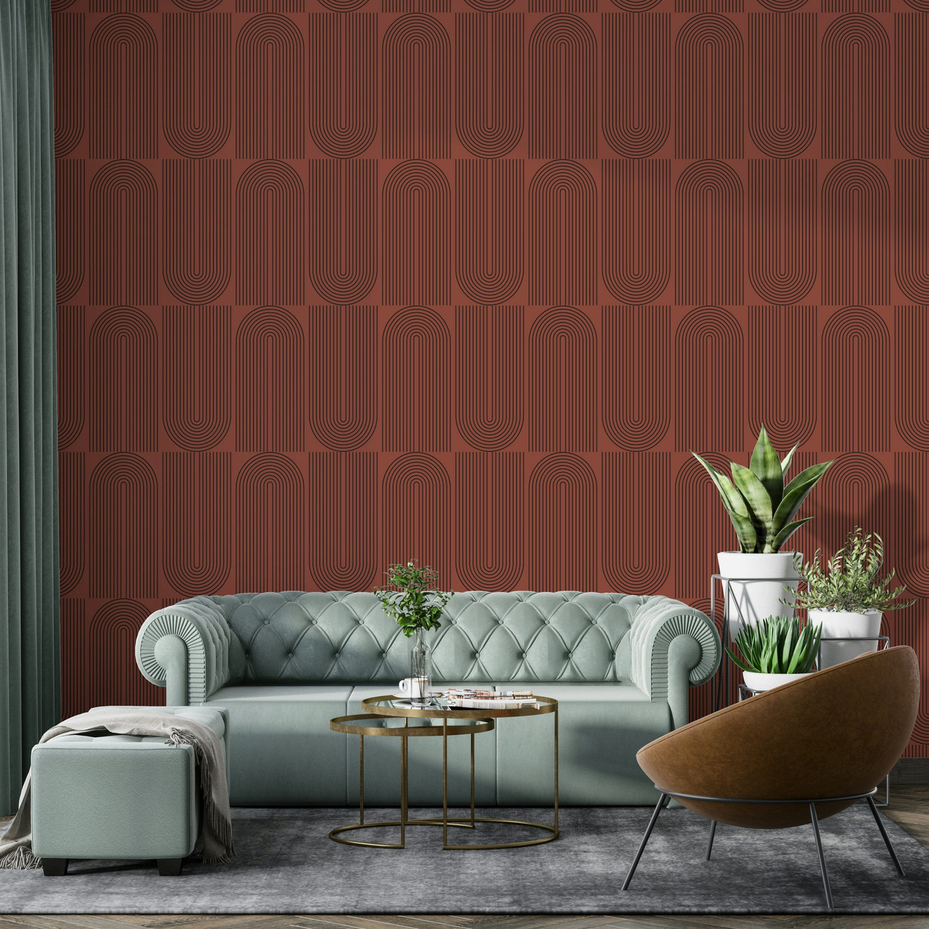 Modern chocolate U-shaped geometric print wallpaper.
