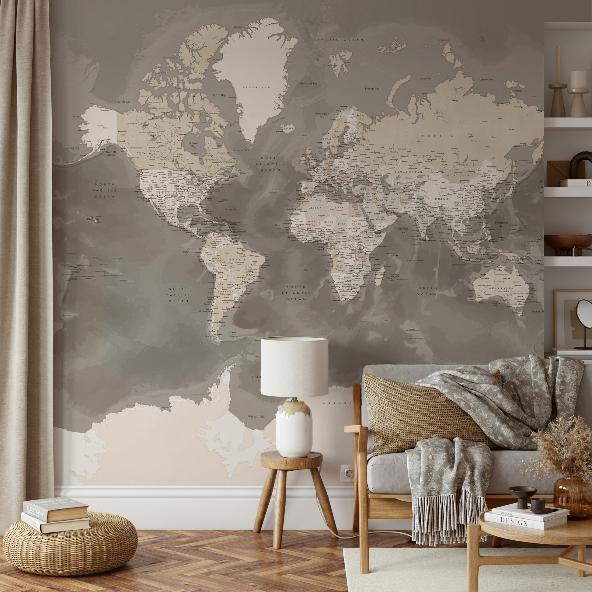 Decorative global map in earthy brown tones


