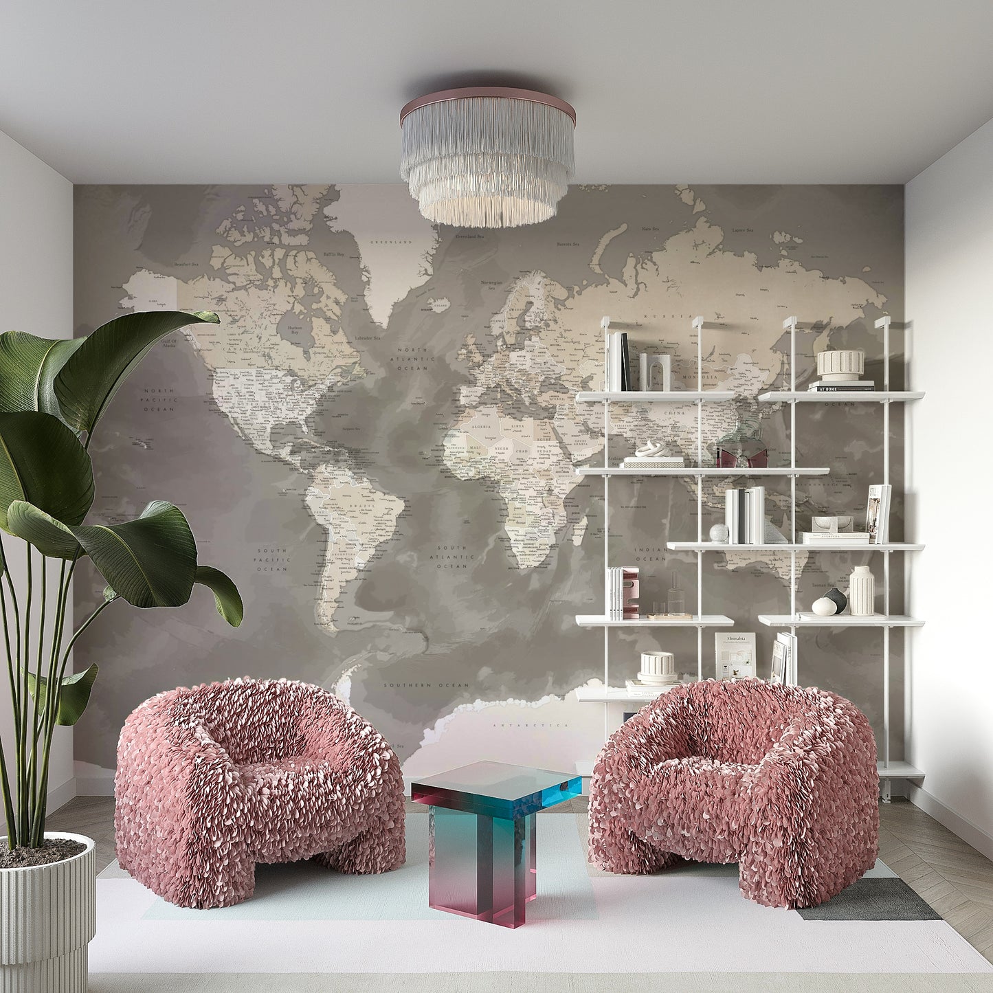 Earth-toned map mural with watercolor effect


