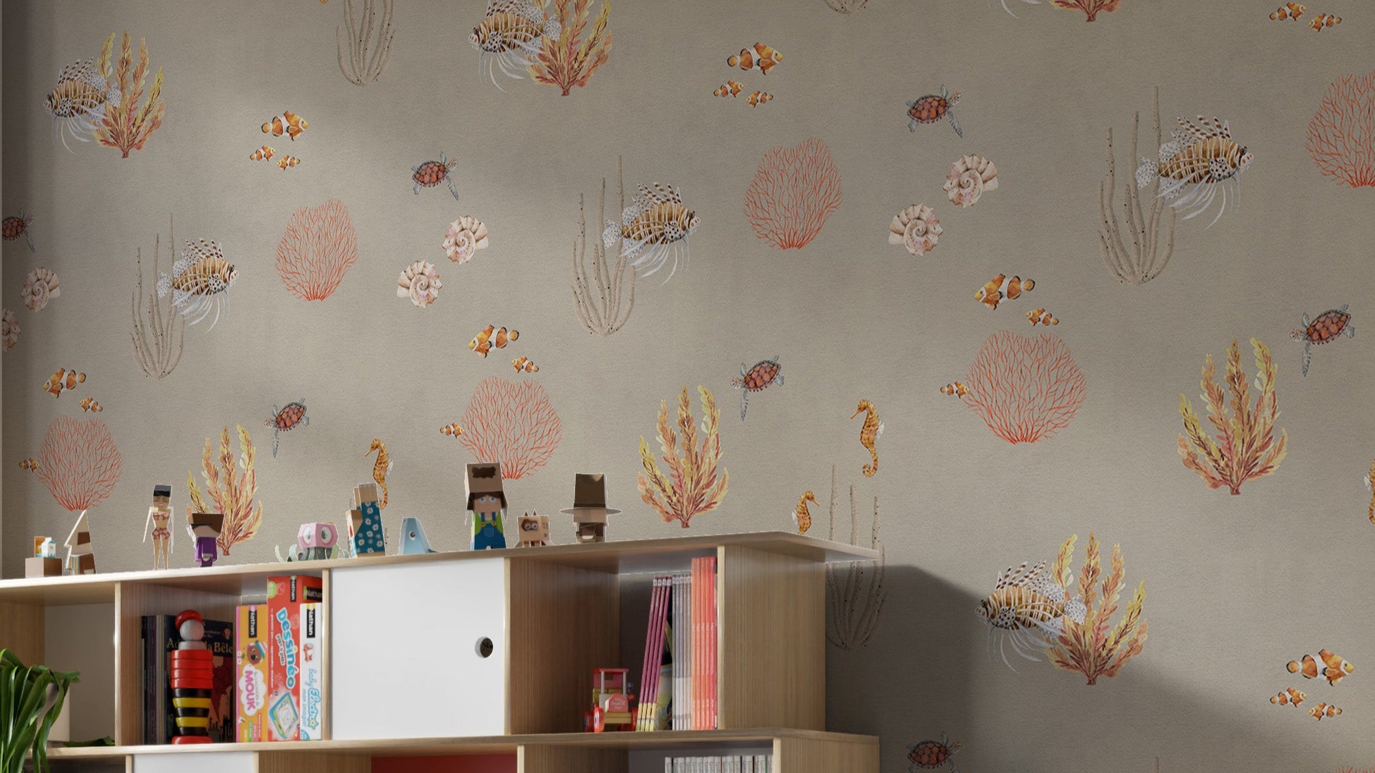 Brown Oceanic Wonders wallpaper with seahorses and coral above a wooden toy shelf in a kids room