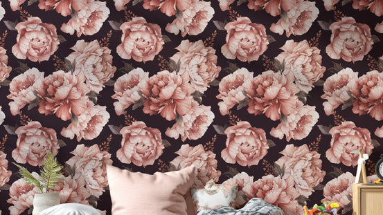 Brown Watercolor Flower Pattern wallpaper with blush pink peonies on a dark plum ground above a bed in a bedroom