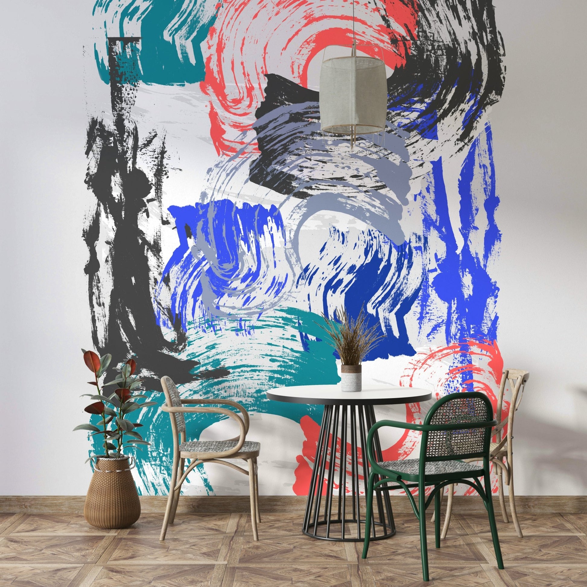Colorful brushstrokes mural adding an artistic touch to the room

