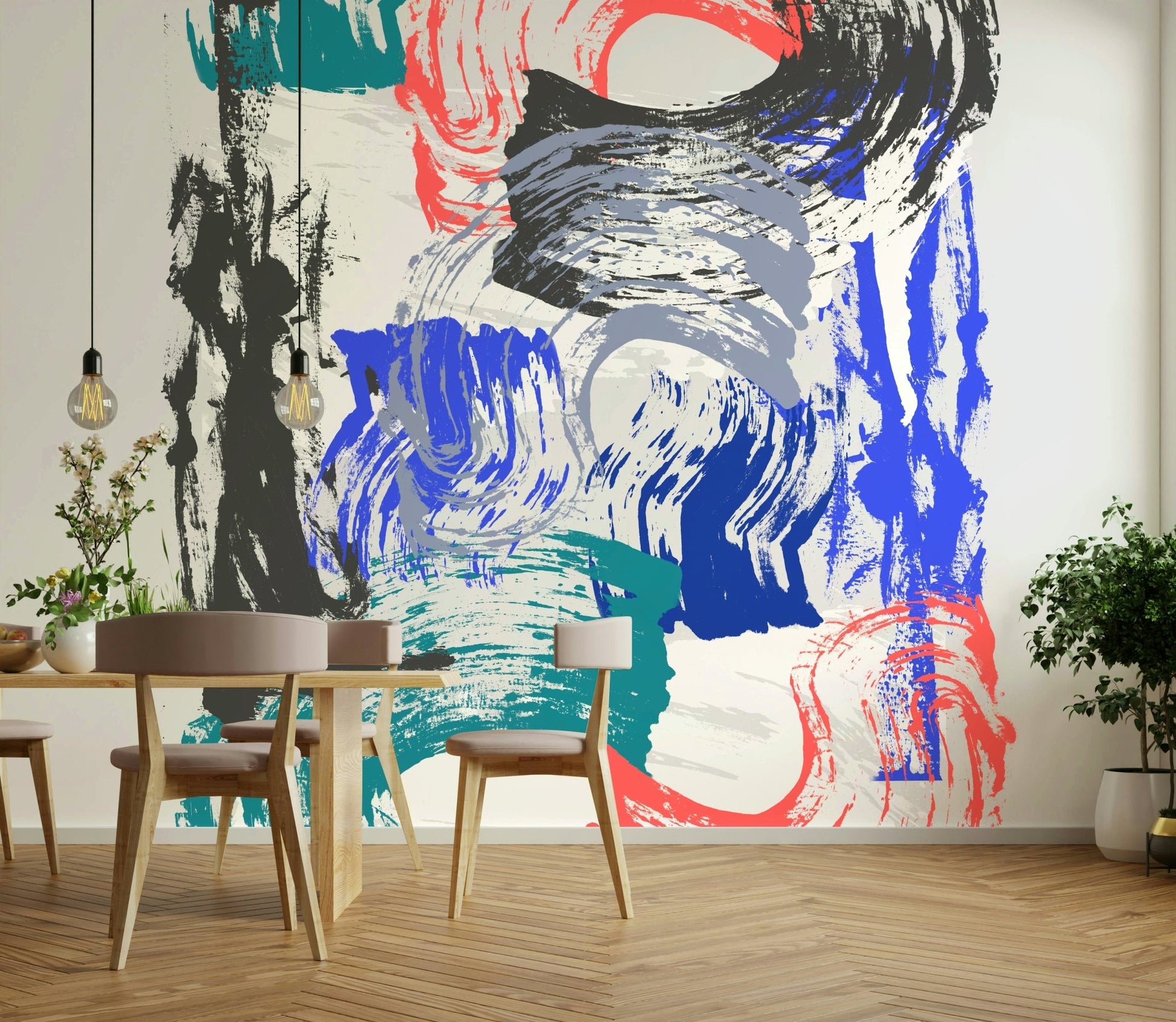 Bold and colorful brushstroke mural for creative spaces

