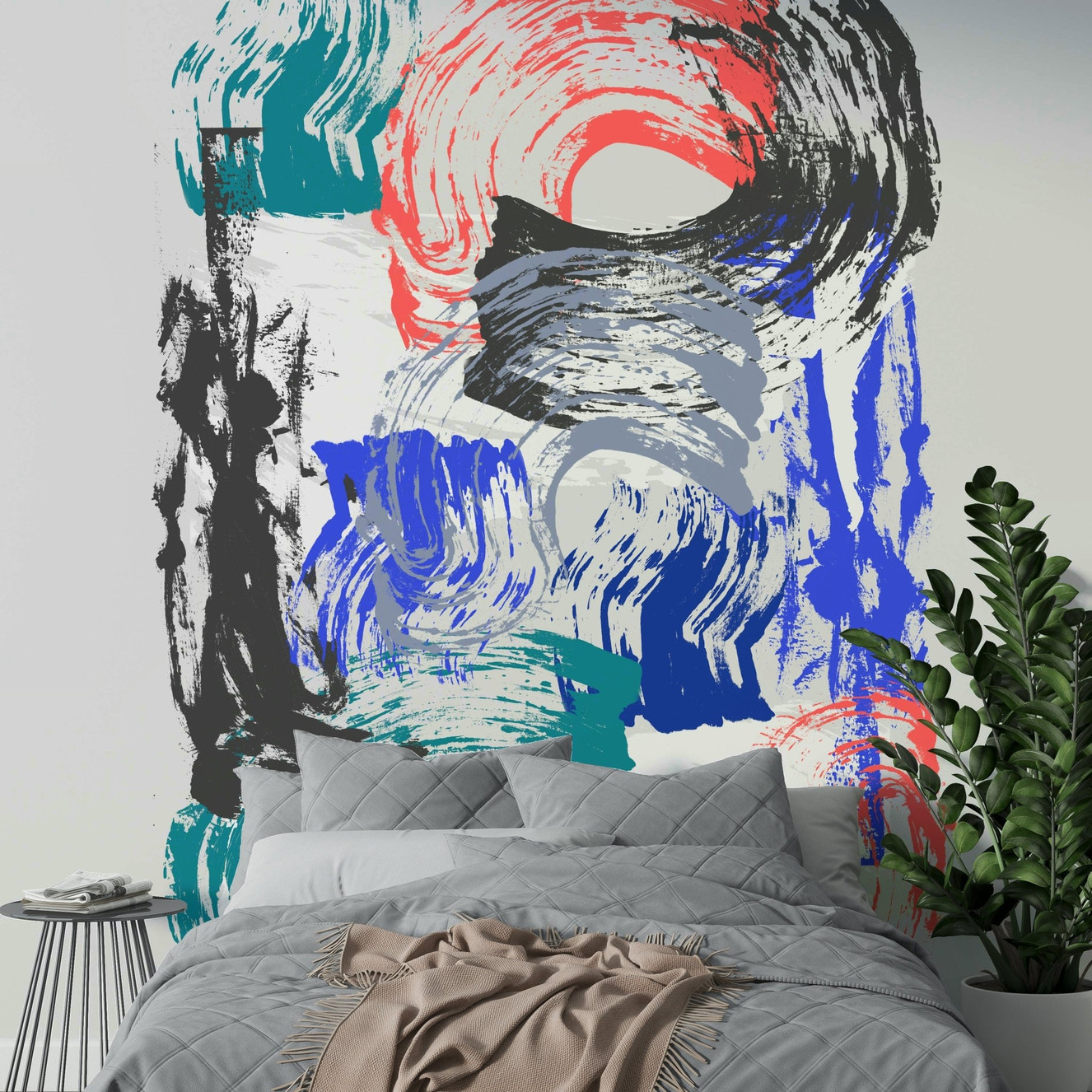 Vibrant brushstrokes creating dynamic patterns in wall mural

