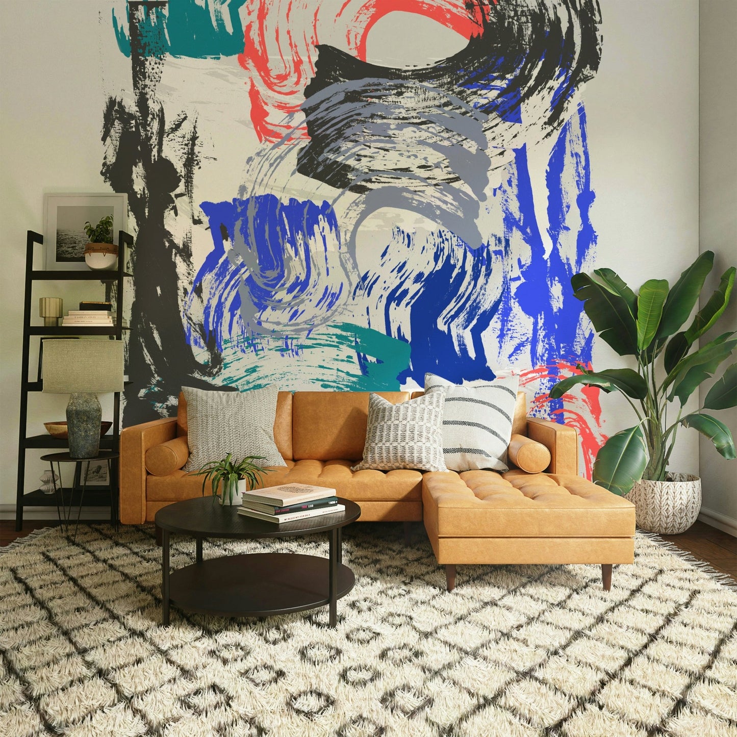 Artistic wall mural with sweeping brushstrokes and fluid design


