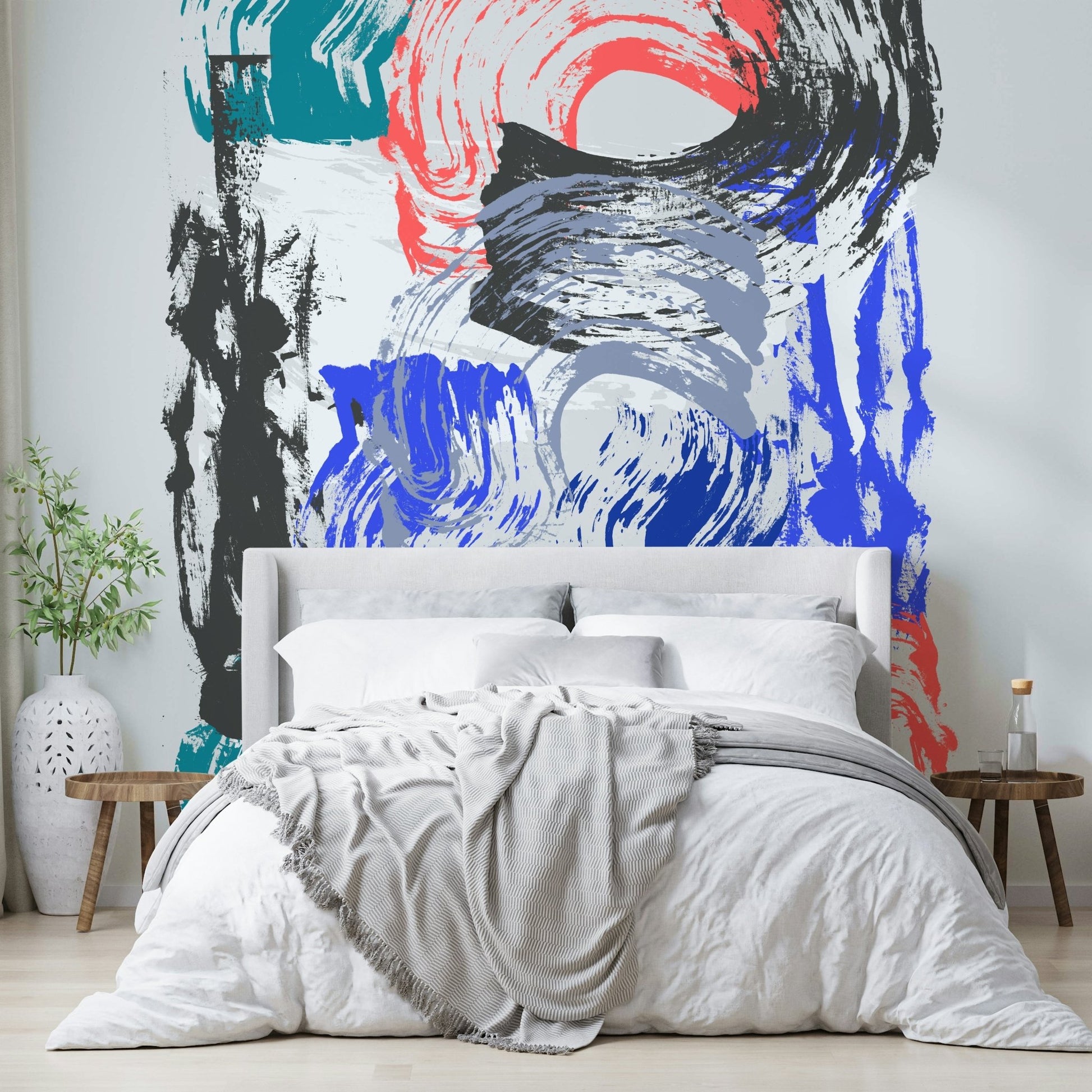 Dynamic brushstroke wall mural bringing energy and color indoors

