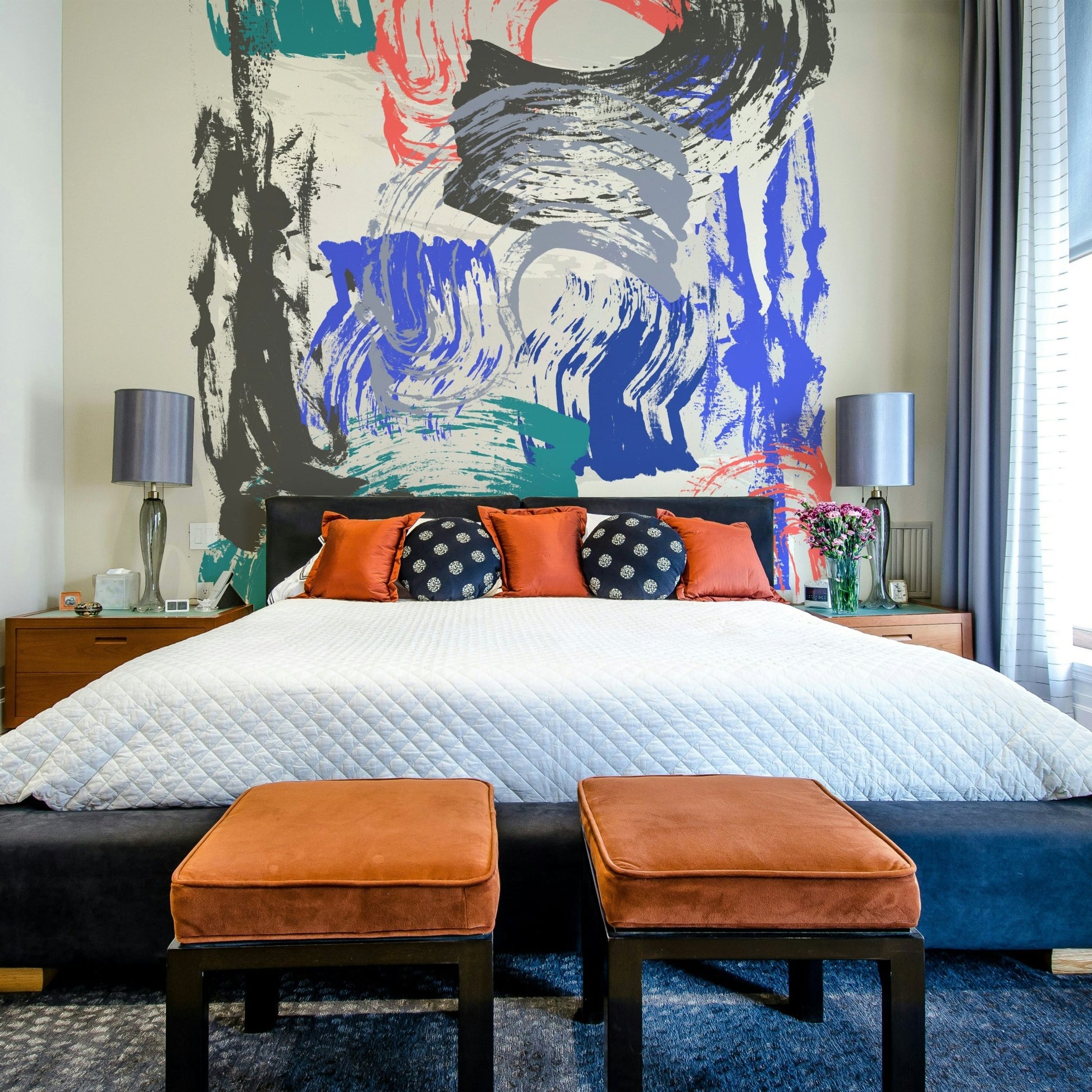 Bold and fluid brushstroke design mural for contemporary interiors

