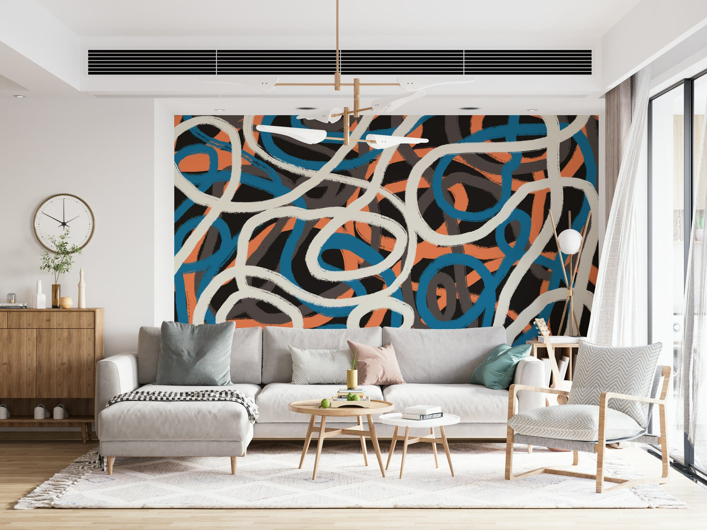 A calming abstract design wallpaper mural that defines a space.
