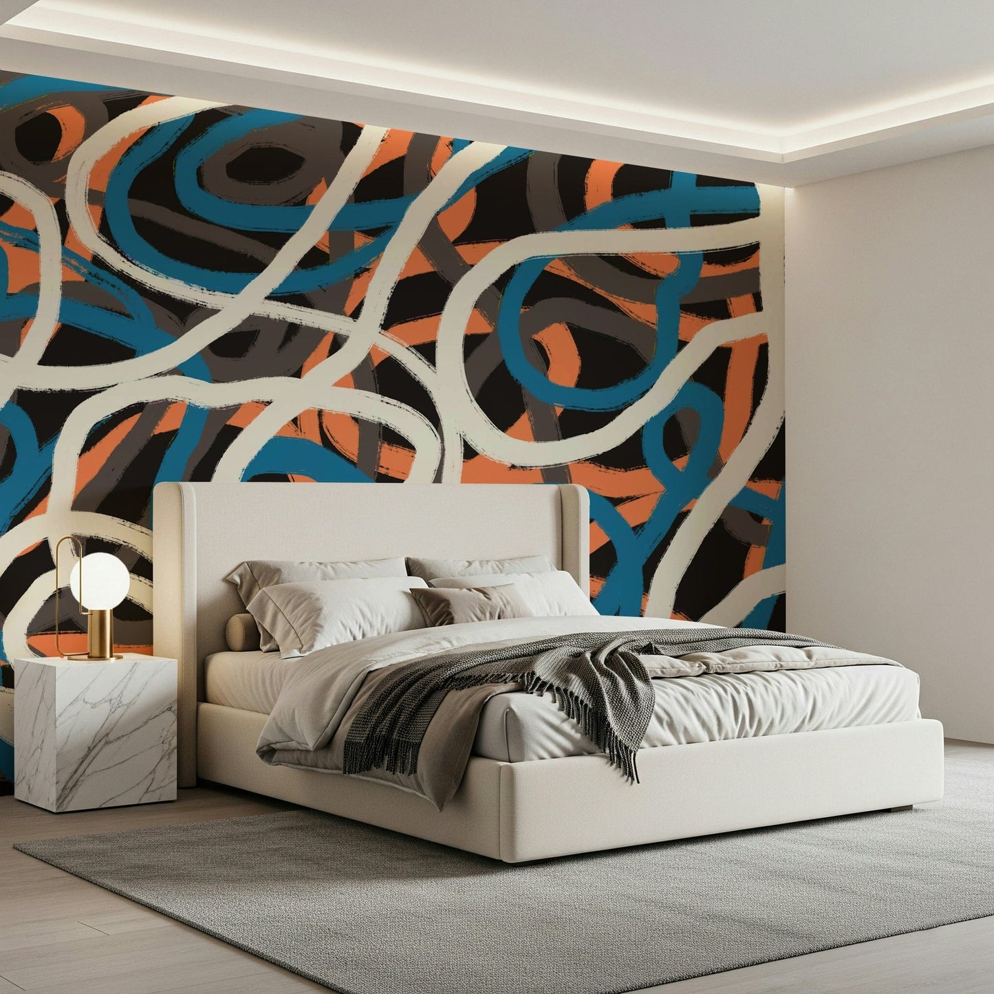An artistic soft focus mural on minimalist wallpaper.