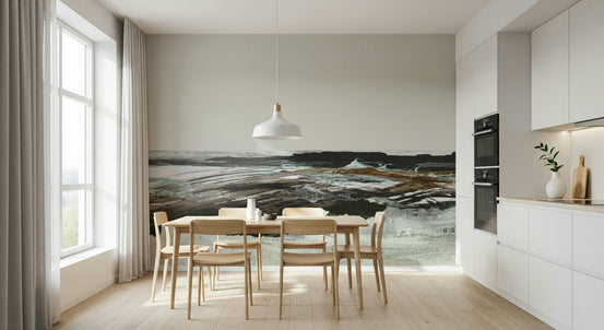 Brushstroke Shore wallpaper mural in a kitchen diner with a wood table and white pendant light