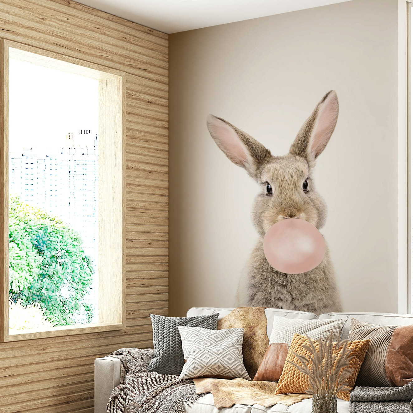 Soft and cheerful Bubble Gum Bunny wall mural for kids' rooms.

