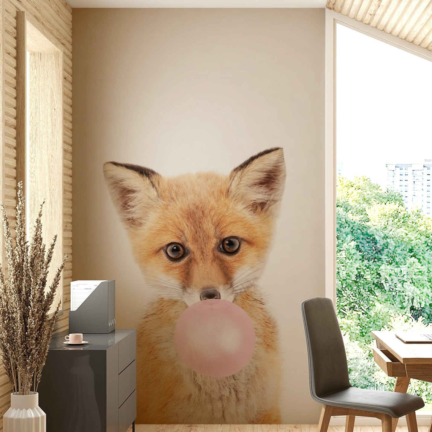 Whimsical fox mural blowing bubble gum in pink

