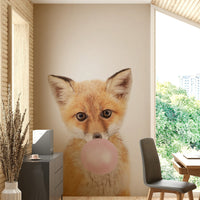 Whimsical fox mural blowing bubble gum in pink

