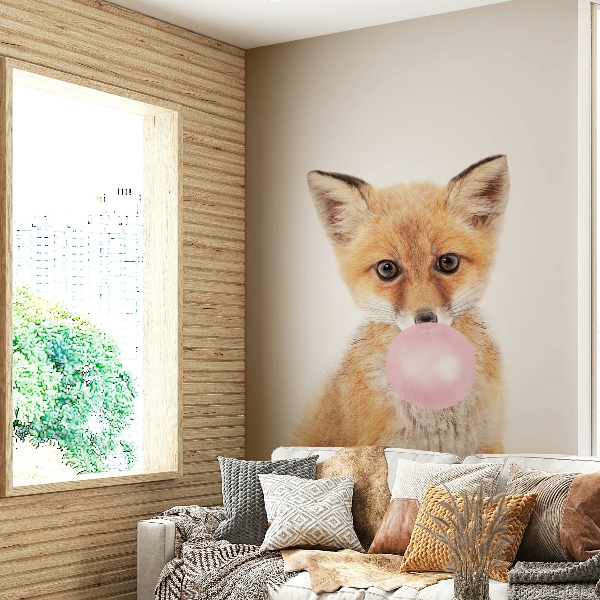 Playful fox mural with bubble gum bubble in soft tones

