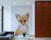 Cartoon fox wall mural with bubble gum in forest setting

