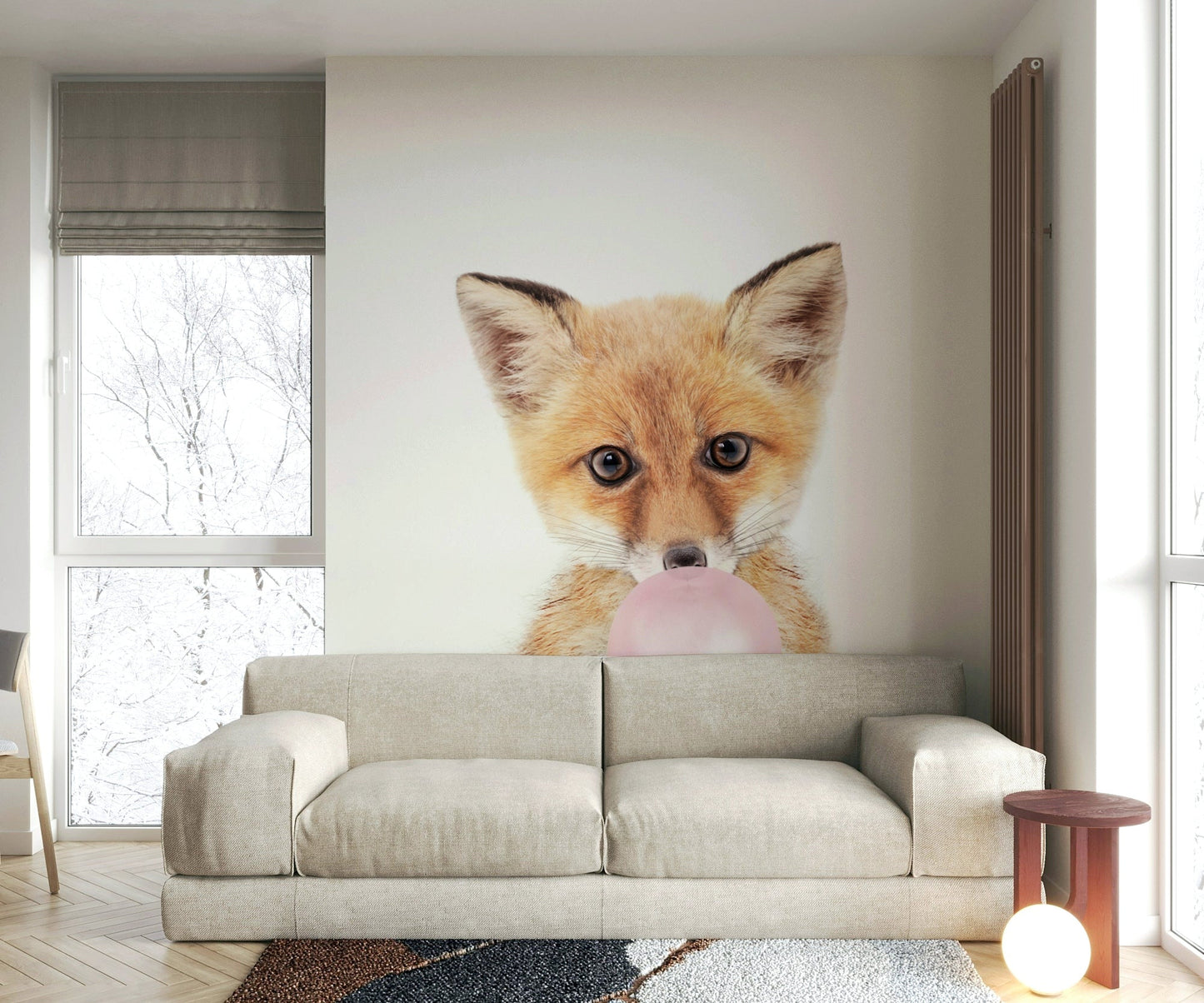 Fox blowing bubble gum mural for fun interiors

