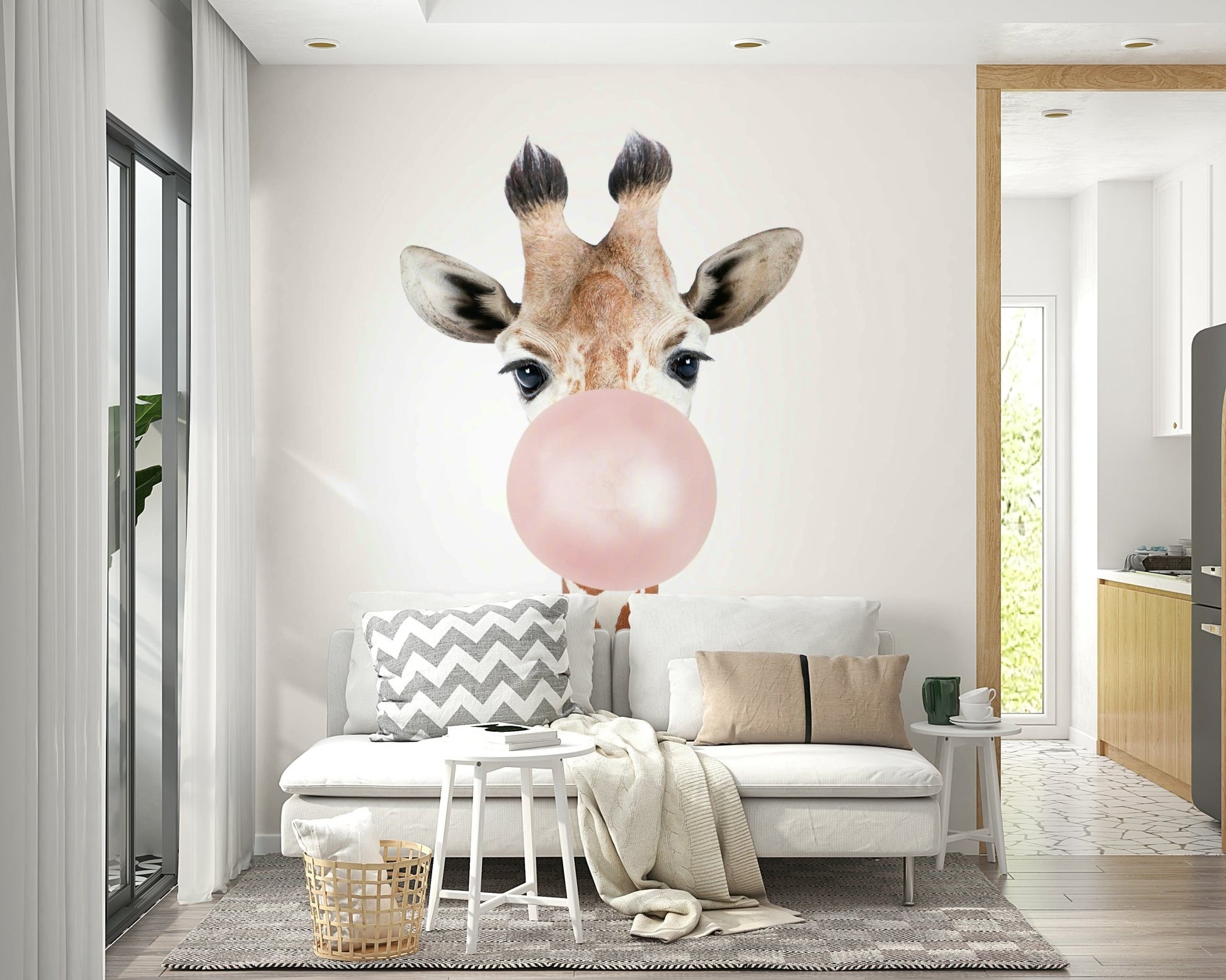 Bubble gum giraffe mural for creating a cheerful and playful space.

