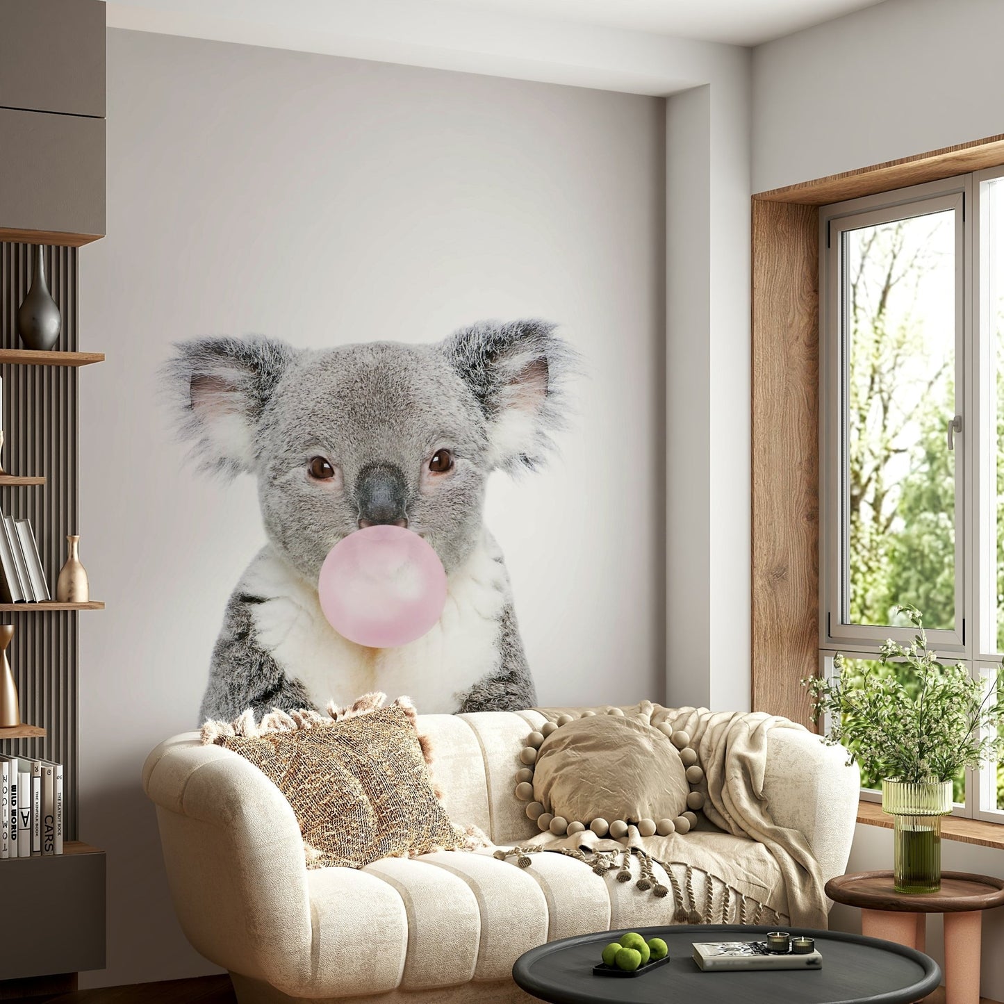 Bubble Gum Koala Wall Mural with koala blowing a bubble.

