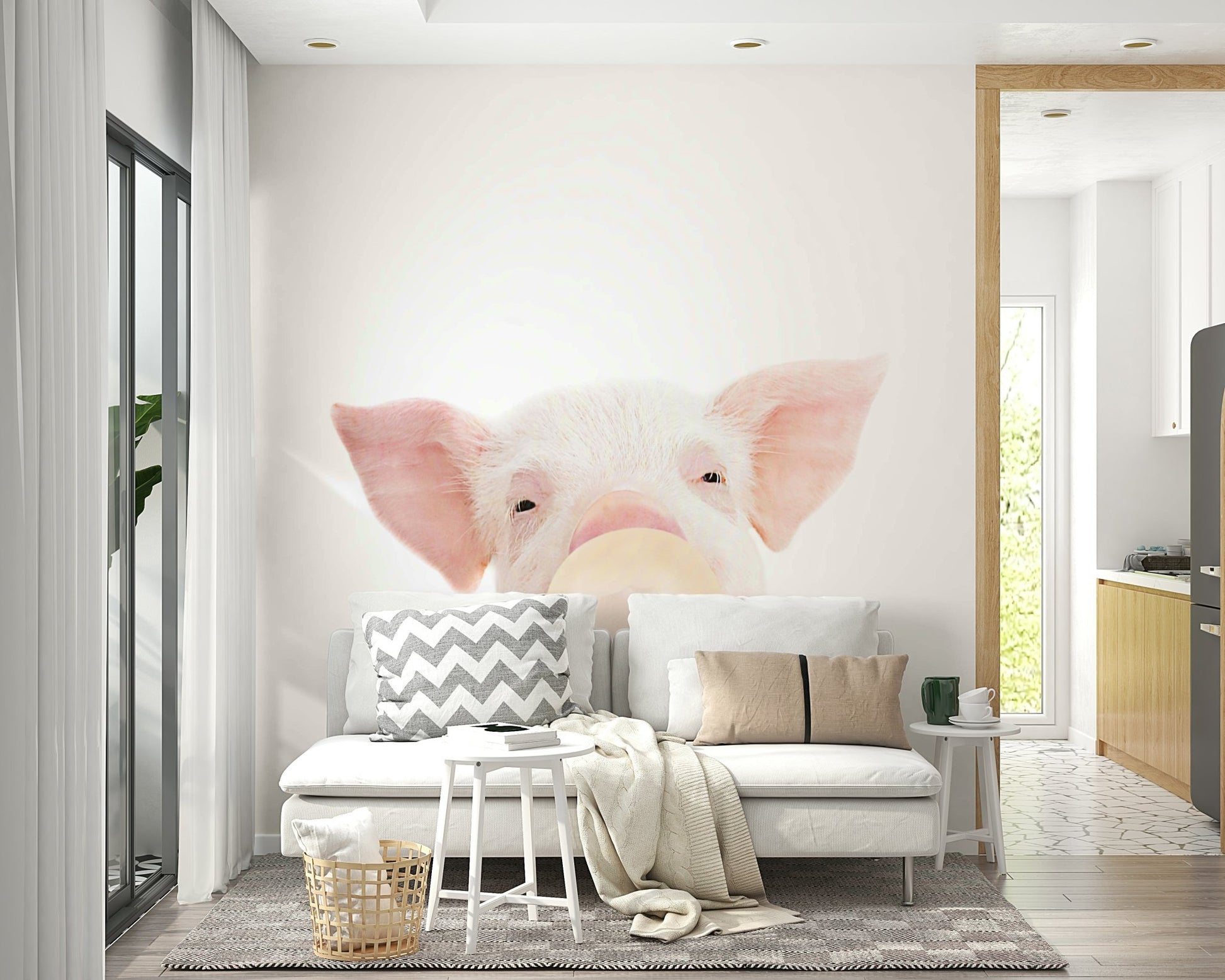 Playful piglet mural with bubble gum in vibrant pink hues

